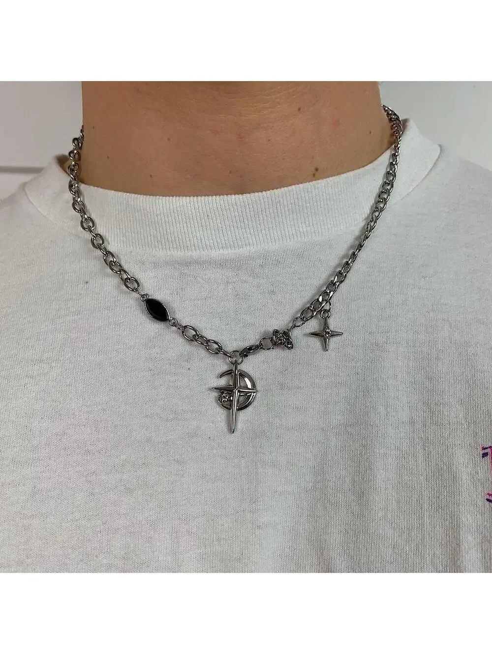 Y2k cyber 2000s style punk grunge crystal cross and opal pendant necklace chain.